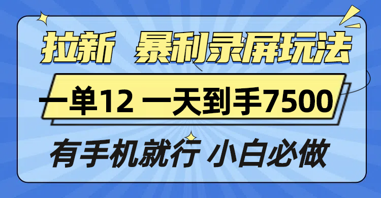 拉新暴利录屏玩法，一单12块，一天到手7500，有手机就行-冒泡网