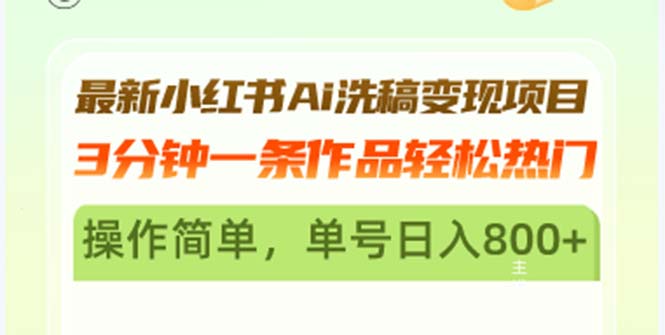 最新小红书Ai洗稿变现项目 3分钟一条作品轻松热门 操作简单，单号日入800+ - 冒泡网-冒泡网